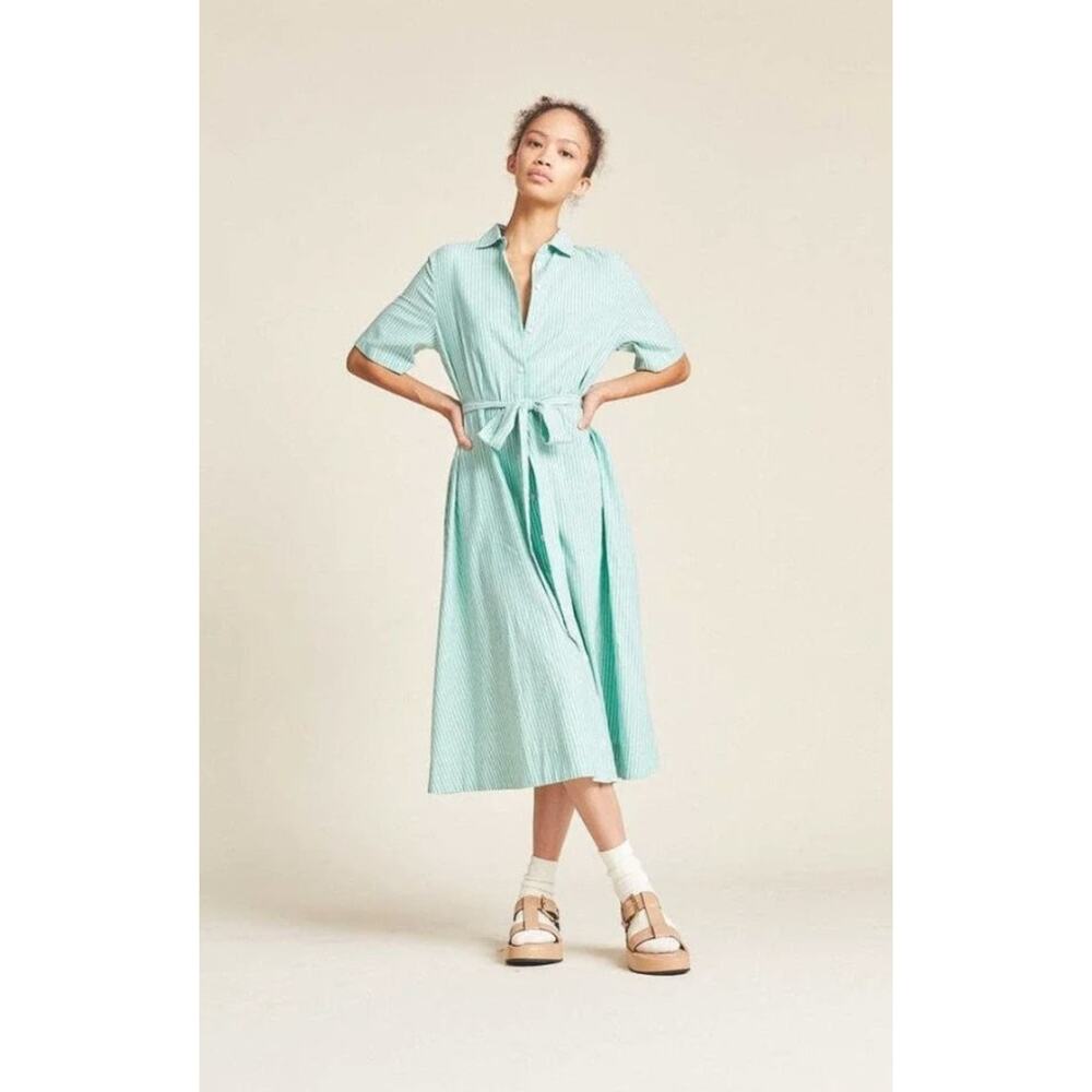 TROVATA Birds of Paradis Sz L Large Green Stripe Kat Shirt Dress